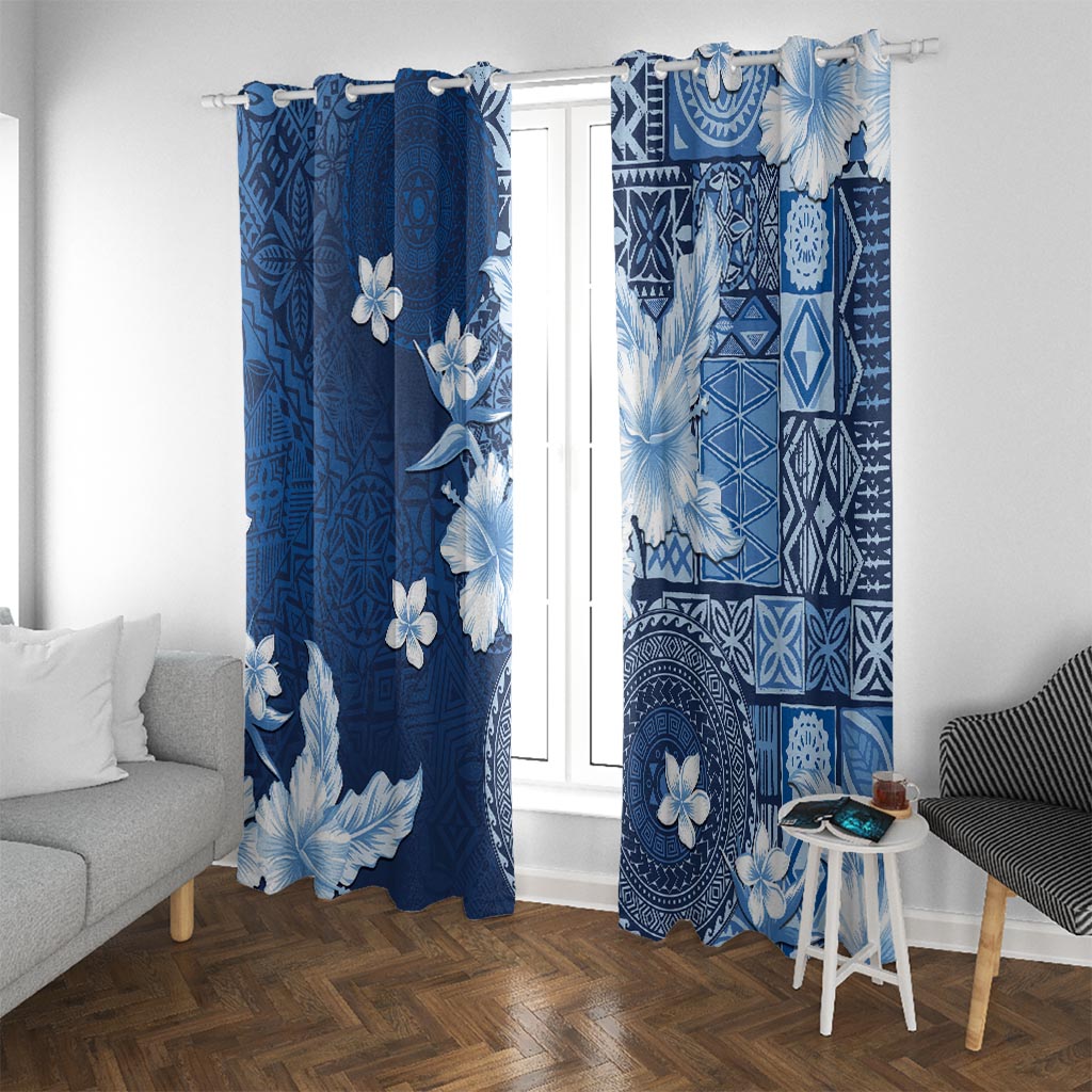 Hawaii Tapa Pattern With Navy Hibiscus Window Curtain LT05 With Grommets Navy - Polynesian Pride