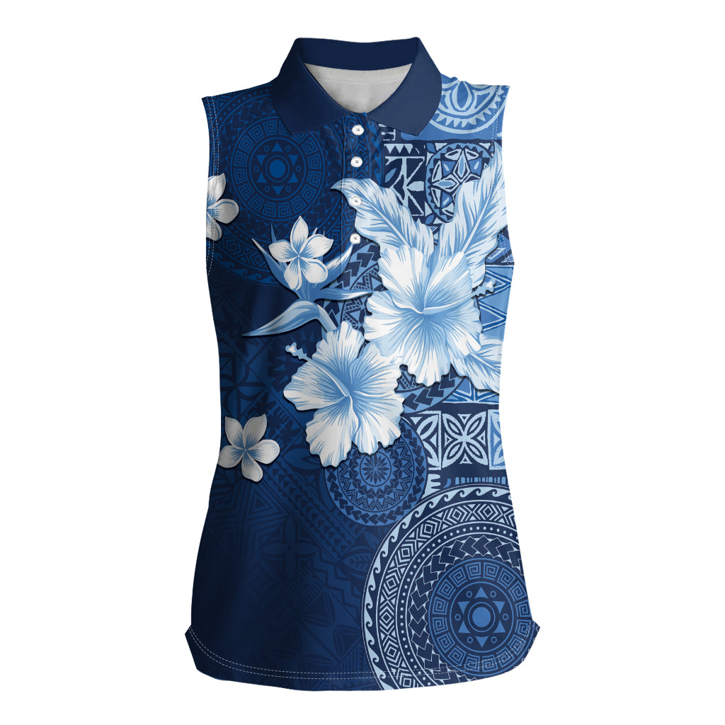 Hawaii Tapa Pattern With Navy Hibiscus Women Sleeveless Polo Shirt