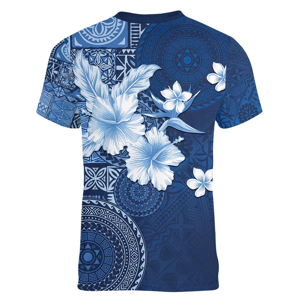 Hawaii Tapa Pattern With Navy Hibiscus Women V-Neck T-Shirt