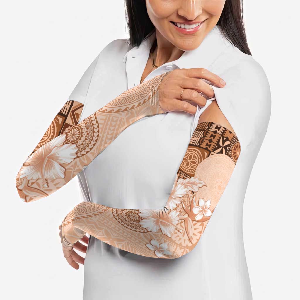 Hawaii Tapa Pattern With Brown Hibiscus Arm Sleeves - Polynesian Pride