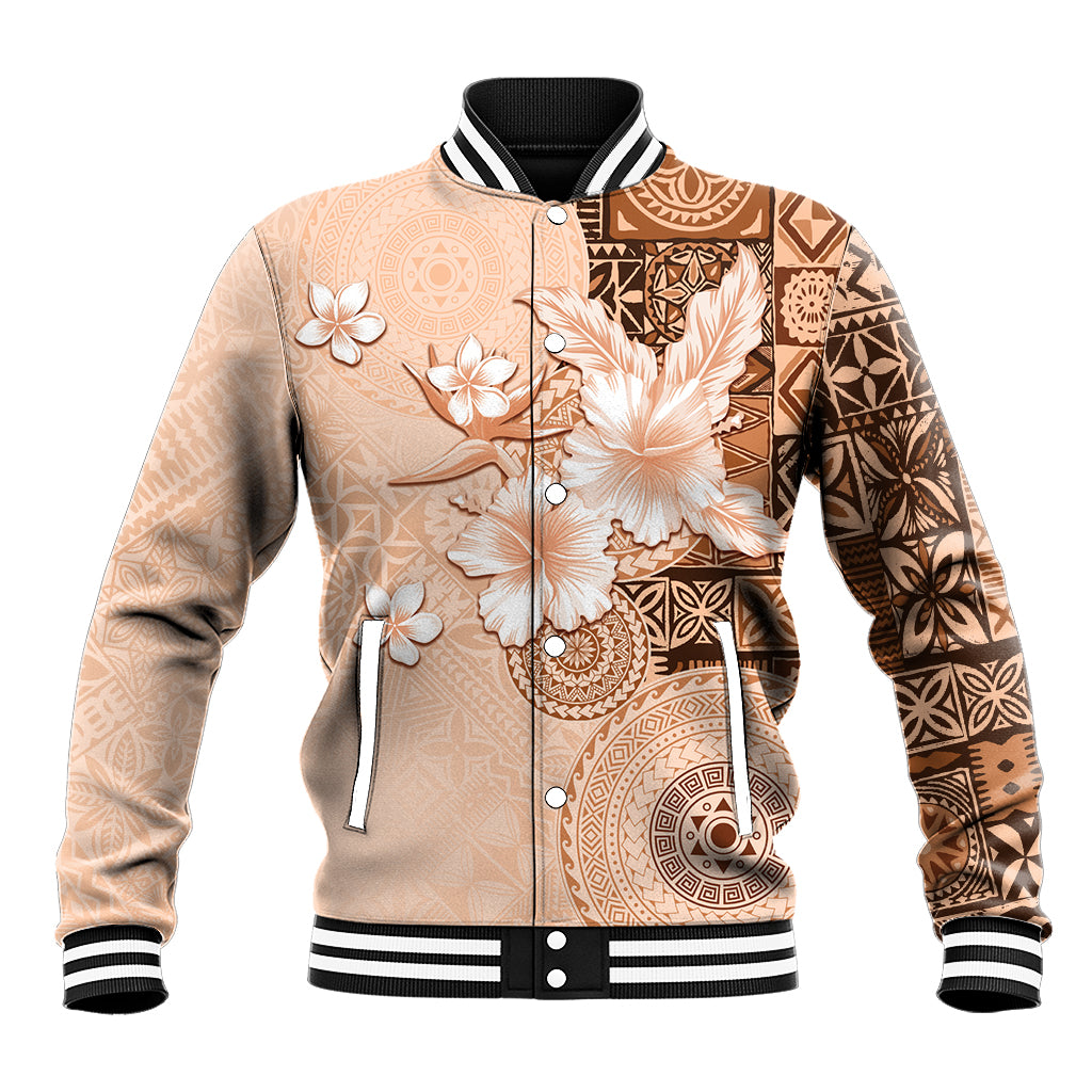 Hawaii Tapa Pattern With Brown Hibiscus Baseball Jacket LT05 Unisex Brown - Polynesian Pride