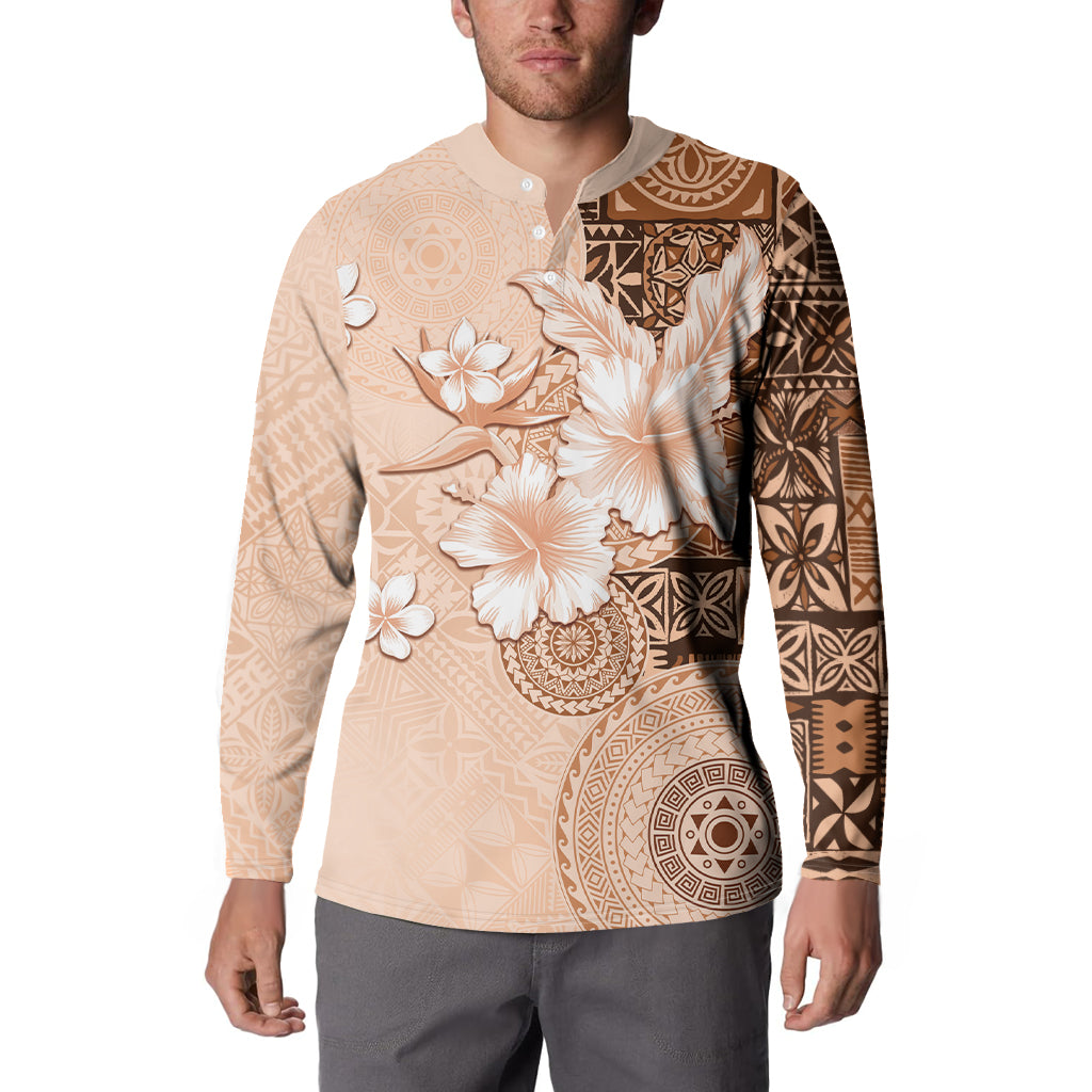 Hawaii Tapa Pattern With Brown Hibiscus Button Sweatshirt LT05 - Polynesian Pride