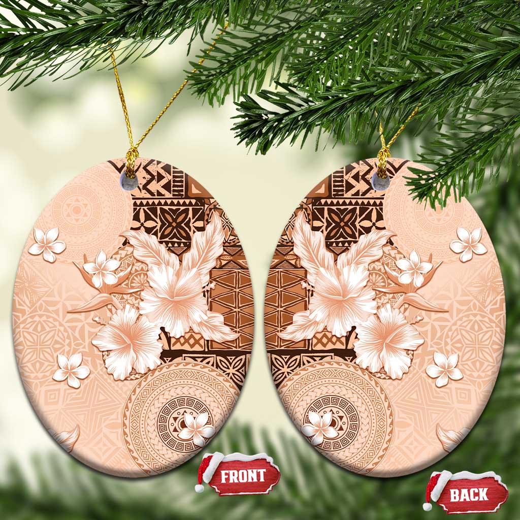 Hawaii Tapa Pattern With Brown Hibiscus Ceramic Ornament LT05 Oval Brown - Polynesian Pride