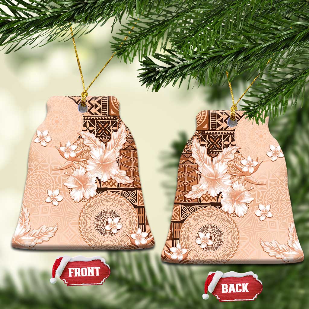 Hawaii Tapa Pattern With Brown Hibiscus Ceramic Ornament LT05 Bell Flake Brown - Polynesian Pride