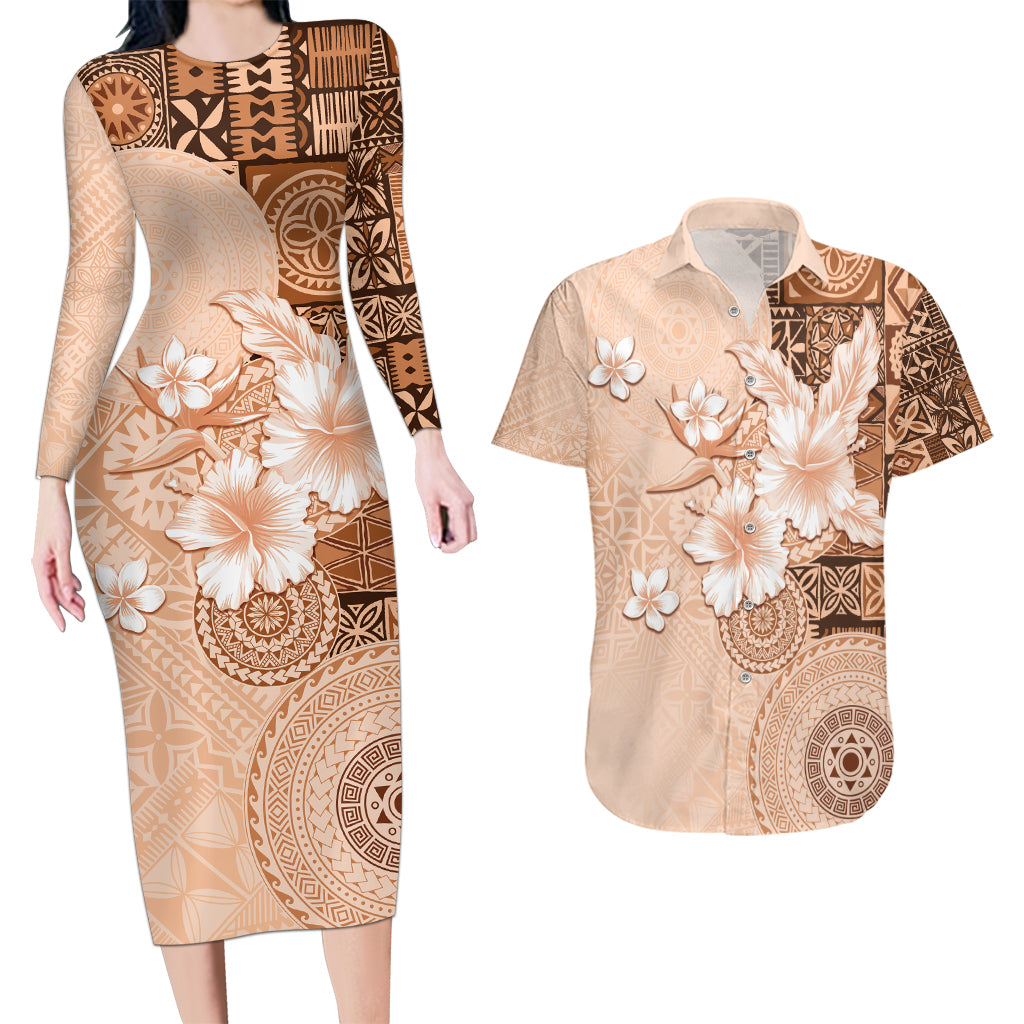 Hawaii Tapa Pattern With Brown Hibiscus Couples Matching Long Sleeve Bodycon Dress and Hawaiian Shirt