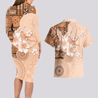 Hawaii Tapa Pattern With Brown Hibiscus Couples Matching Long Sleeve Bodycon Dress and Hawaiian Shirt LT05 - Polynesian Pride