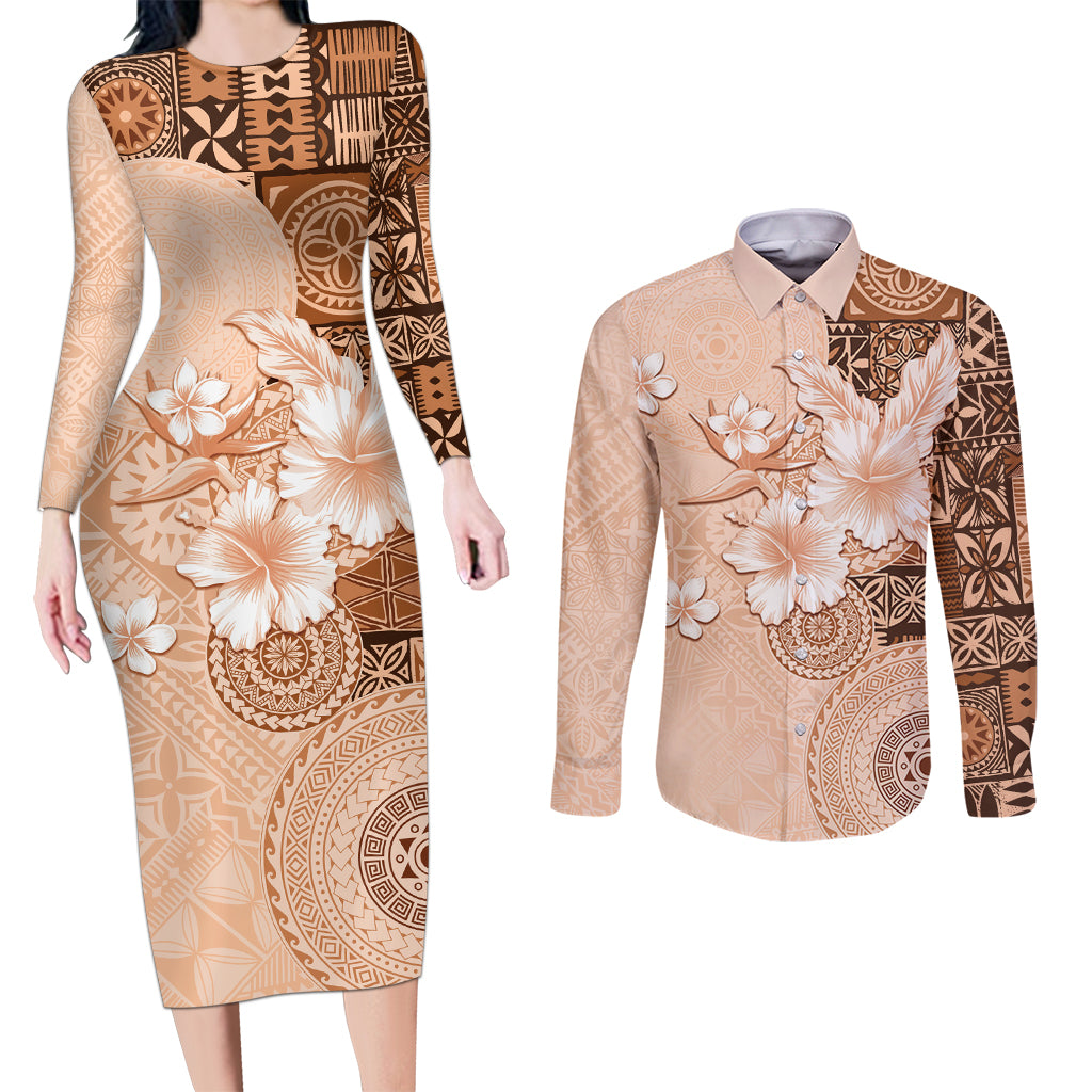 Hawaii Tapa Pattern With Brown Hibiscus Couples Matching Long Sleeve Bodycon Dress and Long Sleeve Button Shirt LT05 Brown - Polynesian Pride