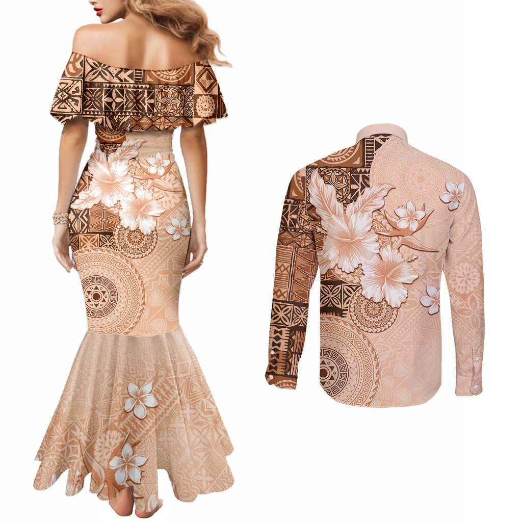Hawaii Tapa Pattern With Brown Hibiscus Couples Matching Mermaid Dress and Long Sleeve Button Shirt LT05 - Polynesian Pride