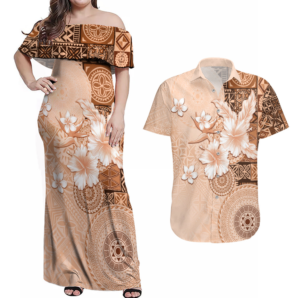 Hawaii Tapa Pattern With Brown Hibiscus Couples Matching Off Shoulder Maxi Dress and Hawaiian Shirt