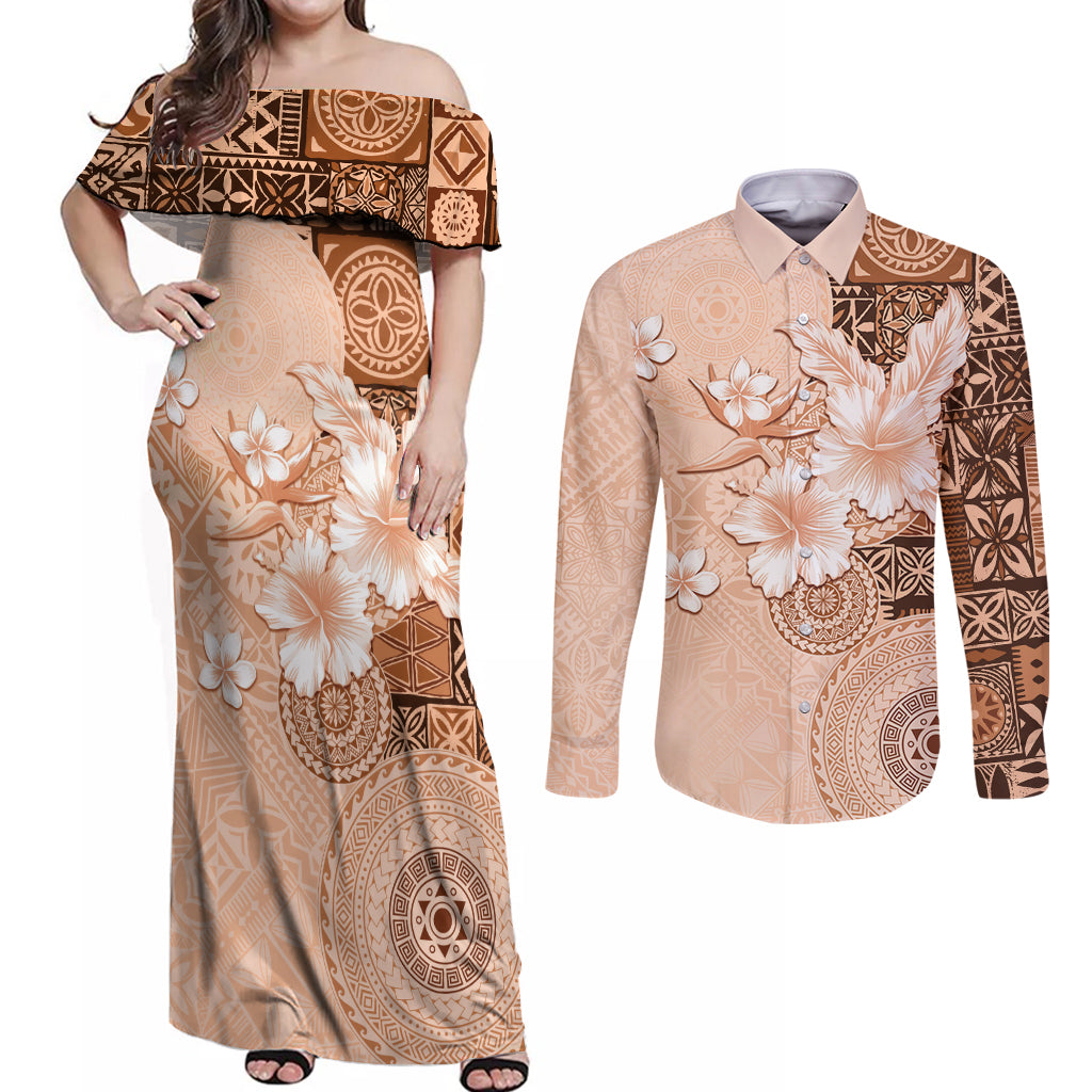 Hawaii Tapa Pattern With Brown Hibiscus Couples Matching Off Shoulder Maxi Dress and Long Sleeve Button Shirt LT05 Brown - Polynesian Pride