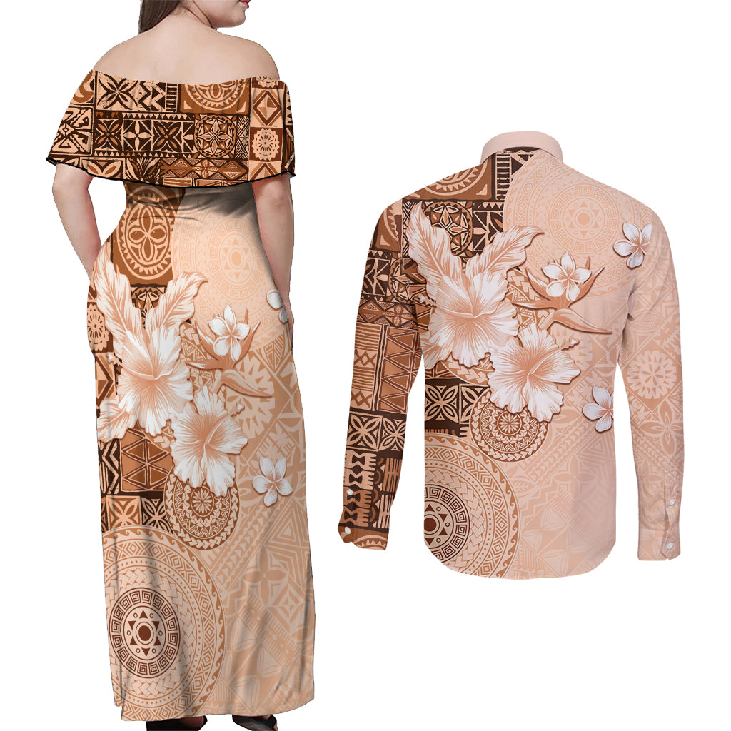Hawaii Tapa Pattern With Brown Hibiscus Couples Matching Off Shoulder Maxi Dress and Long Sleeve Button Shirt LT05 - Polynesian Pride