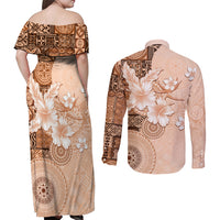 Hawaii Tapa Pattern With Brown Hibiscus Couples Matching Off Shoulder Maxi Dress and Long Sleeve Button Shirt LT05 - Polynesian Pride