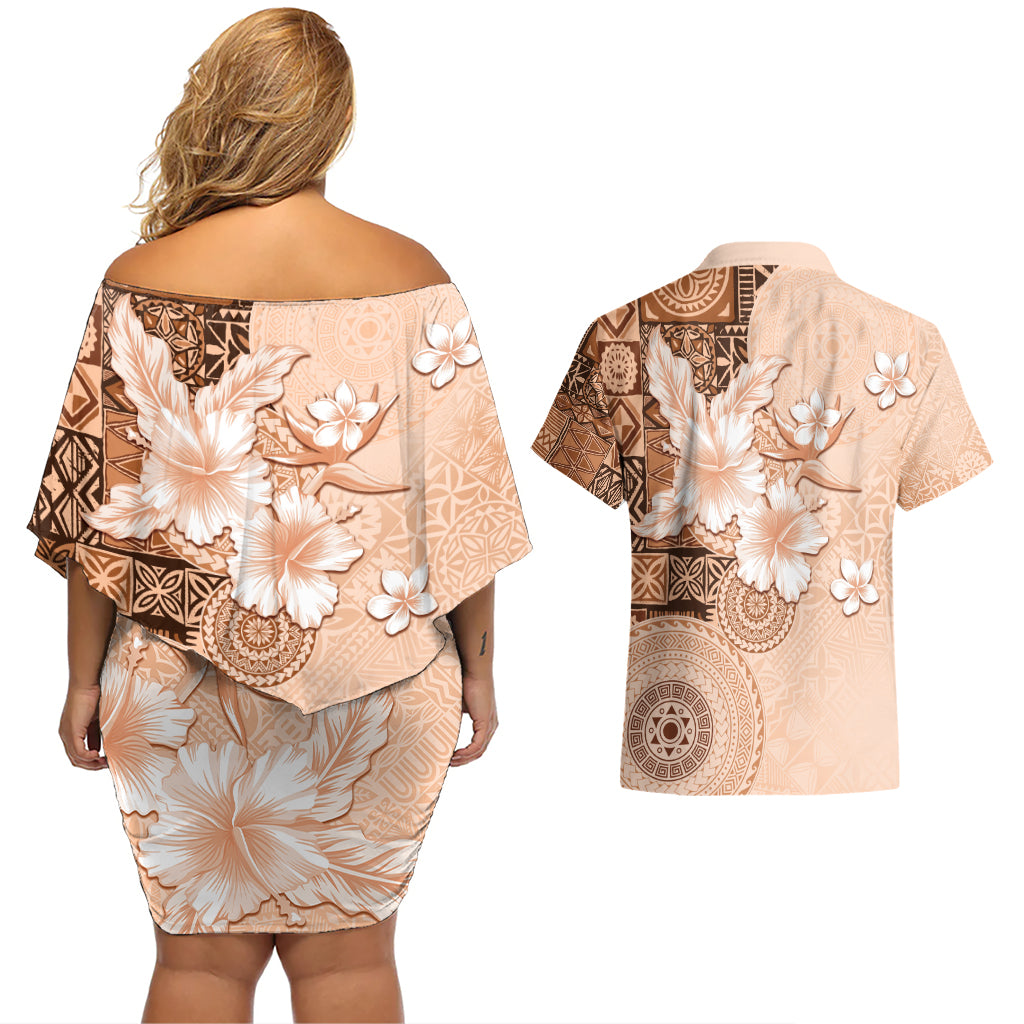Hawaii Tapa Pattern With Brown Hibiscus Couples Matching Off Shoulder Short Dress and Hawaiian Shirt LT05 - Polynesian Pride