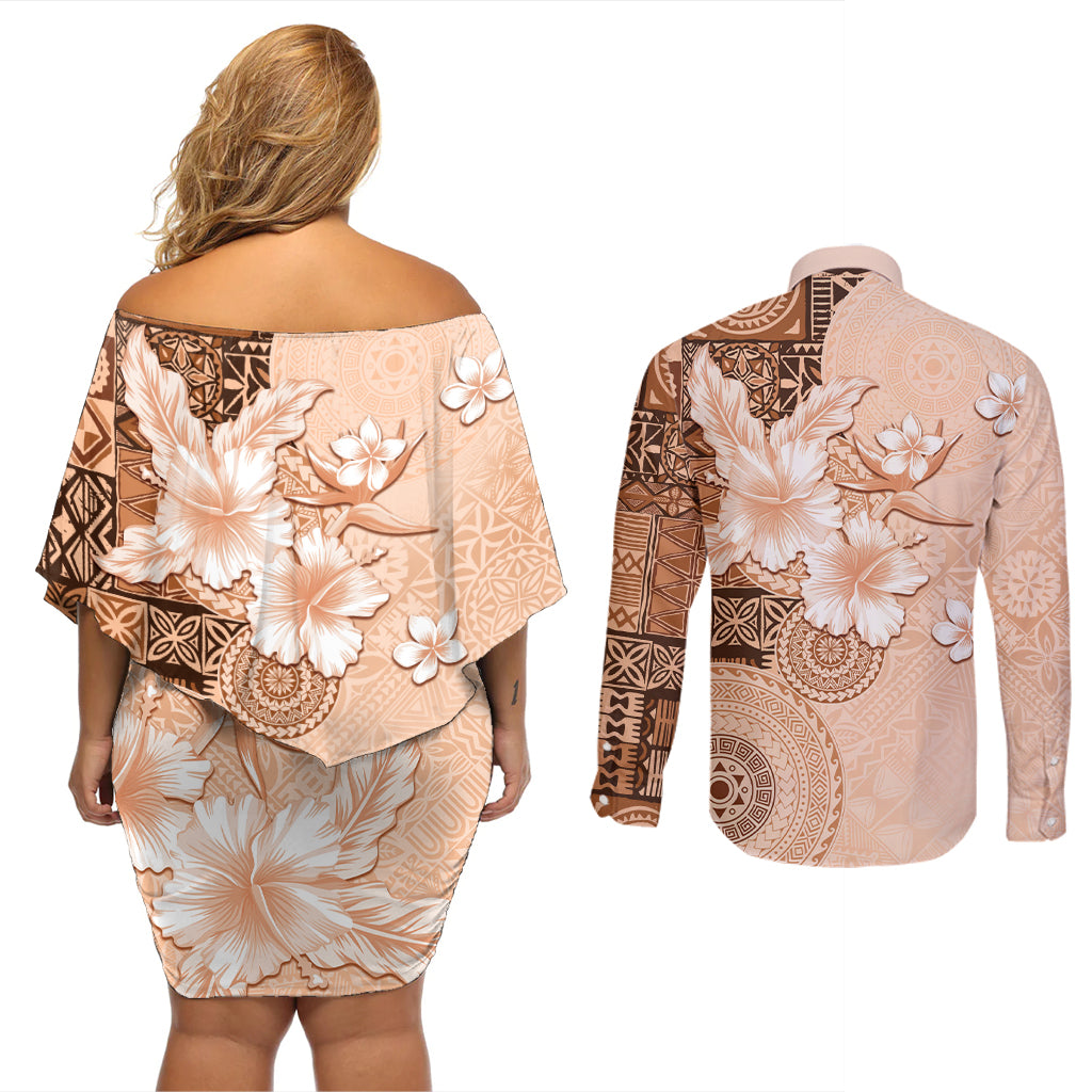 Hawaii Tapa Pattern With Brown Hibiscus Couples Matching Off Shoulder Short Dress and Long Sleeve Button Shirt LT05 - Polynesian Pride