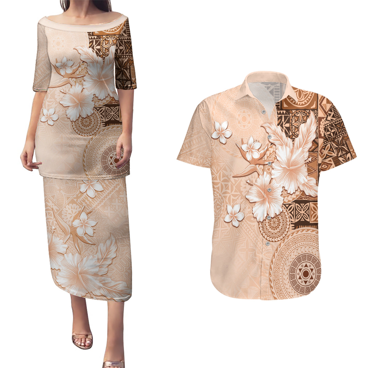 Hawaii Tapa Pattern With Brown Hibiscus Couples Matching Puletasi and Hawaiian Shirt LT05 Brown - Polynesian Pride