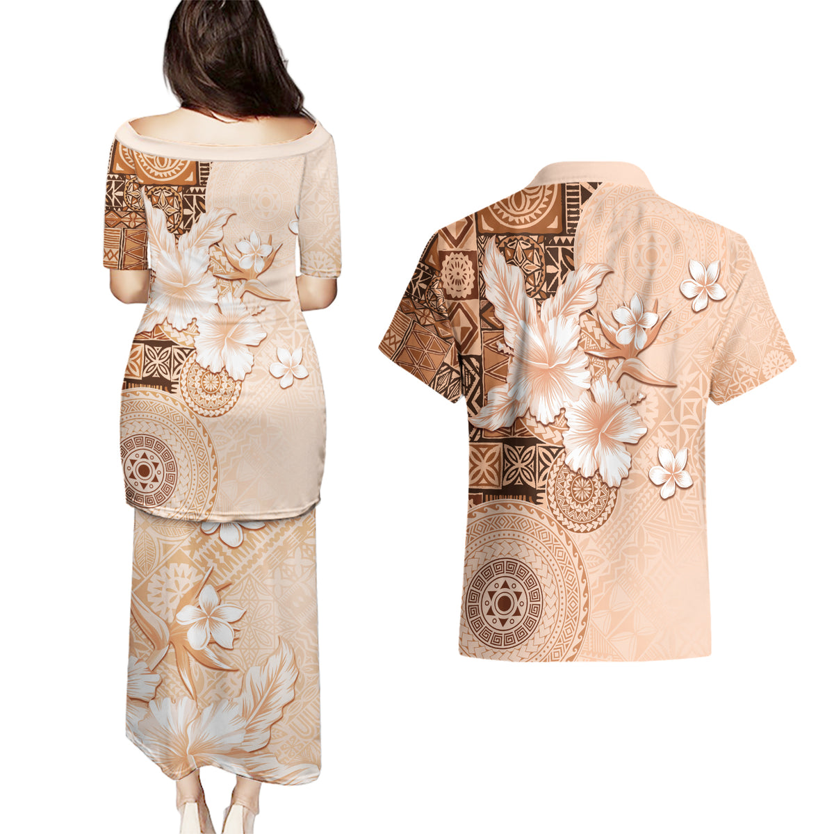 Hawaii Tapa Pattern With Brown Hibiscus Couples Matching Puletasi and Hawaiian Shirt LT05 - Polynesian Pride