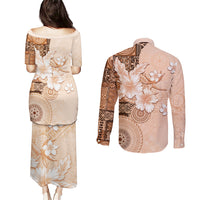 Hawaii Tapa Pattern With Brown Hibiscus Couples Matching Puletasi and Long Sleeve Button Shirt LT05 - Polynesian Pride