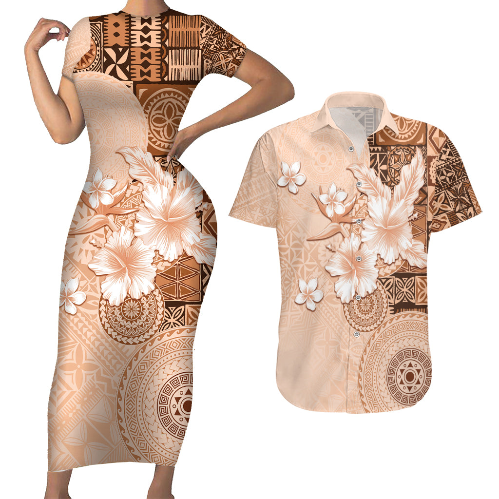 Hawaii Tapa Pattern With Brown Hibiscus Couples Matching Short Sleeve Bodycon Dress and Hawaiian Shirt LT05 Brown - Polynesian Pride