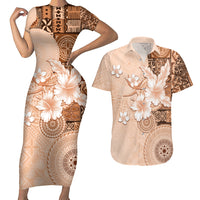 Hawaii Tapa Pattern With Brown Hibiscus Couples Matching Short Sleeve Bodycon Dress and Hawaiian Shirt LT05 Brown - Polynesian Pride