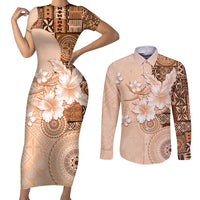 Hawaii Tapa Pattern With Brown Hibiscus Couples Matching Short Sleeve Bodycon Dress and Long Sleeve Button Shirt LT05 Brown - Polynesian Pride
