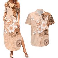 Hawaii Tapa Pattern With Brown Hibiscus Couples Matching Summer Maxi Dress and Hawaiian Shirt LT05 Brown - Polynesian Pride