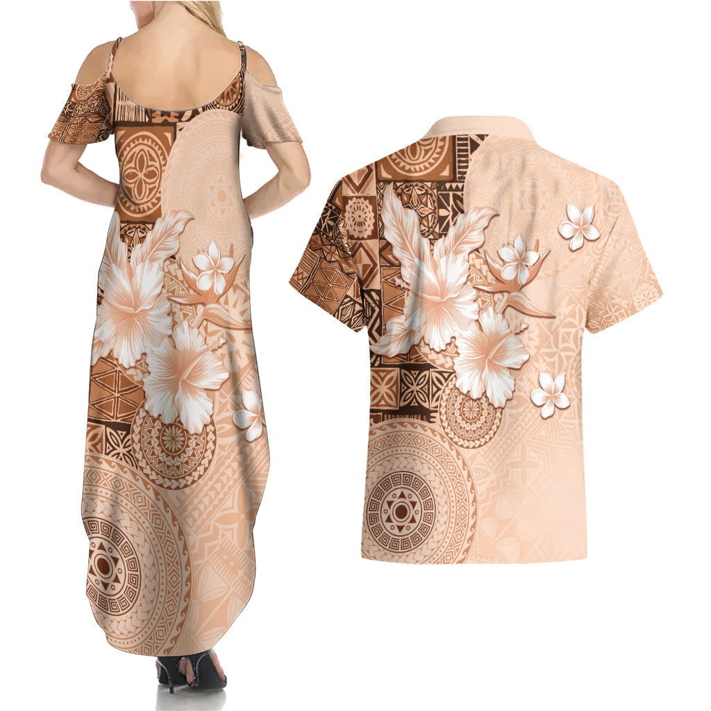 Hawaii Tapa Pattern With Brown Hibiscus Couples Matching Summer Maxi Dress and Hawaiian Shirt LT05 - Polynesian Pride