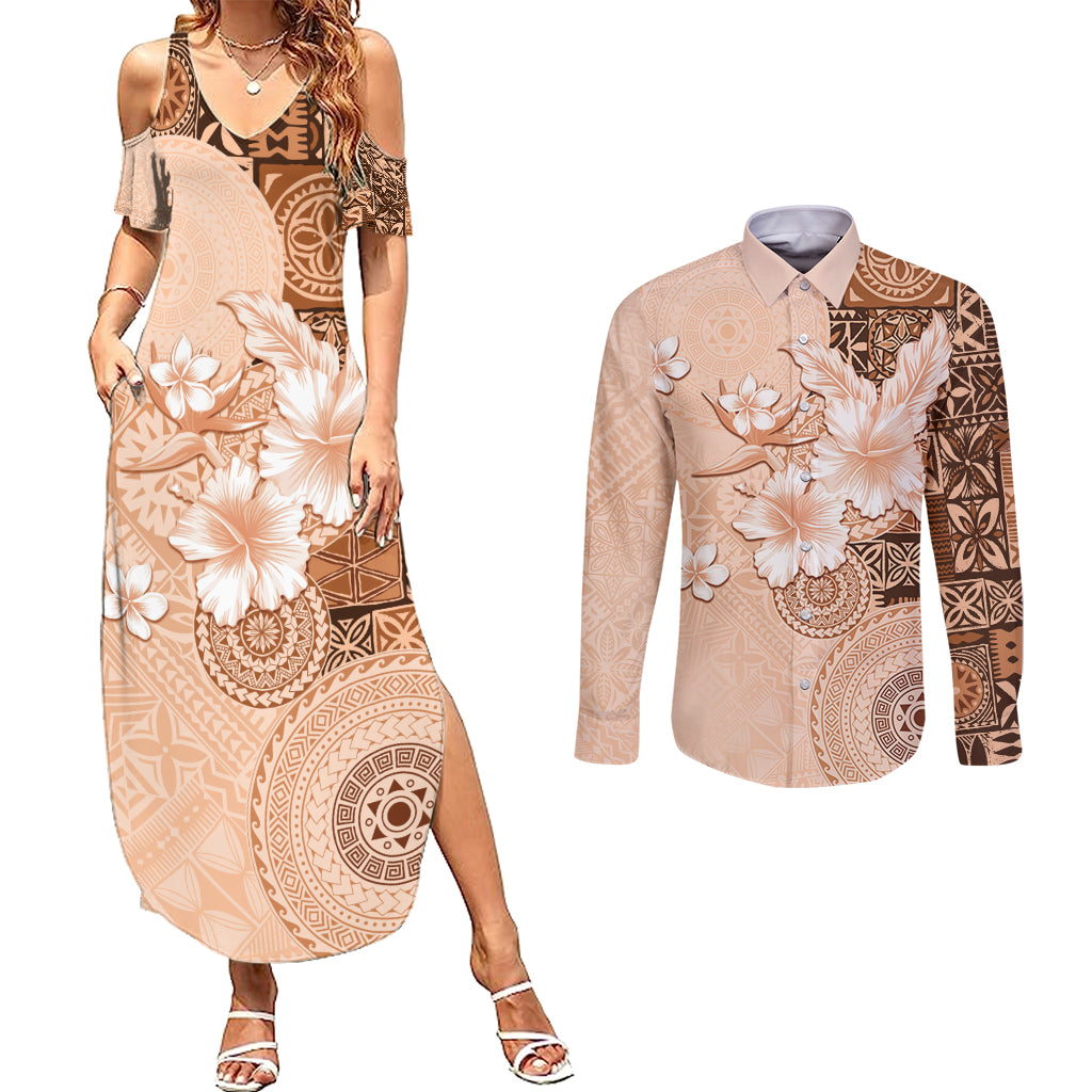 Hawaii Tapa Pattern With Brown Hibiscus Couples Matching Summer Maxi Dress and Long Sleeve Button Shirt LT05 Brown - Polynesian Pride