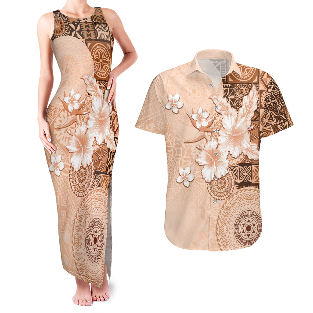 Hawaii Tapa Pattern With Brown Hibiscus Couples Matching Tank Maxi Dress and Hawaiian Shirt LT05 Brown - Polynesian Pride