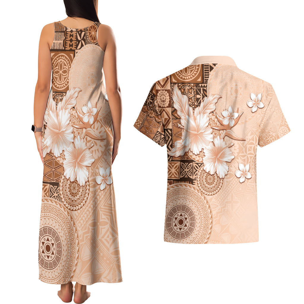 Hawaii Tapa Pattern With Brown Hibiscus Couples Matching Tank Maxi Dress and Hawaiian Shirt LT05 - Polynesian Pride
