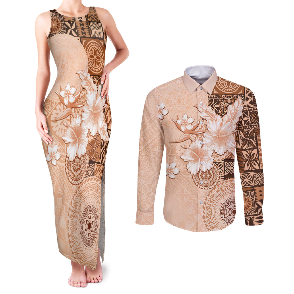 Hawaii Tapa Pattern With Brown Hibiscus Couples Matching Tank Maxi Dress and Long Sleeve Button Shirt LT05 Brown - Polynesian Pride