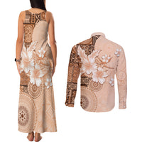 Hawaii Tapa Pattern With Brown Hibiscus Couples Matching Tank Maxi Dress and Long Sleeve Button Shirt LT05 - Polynesian Pride