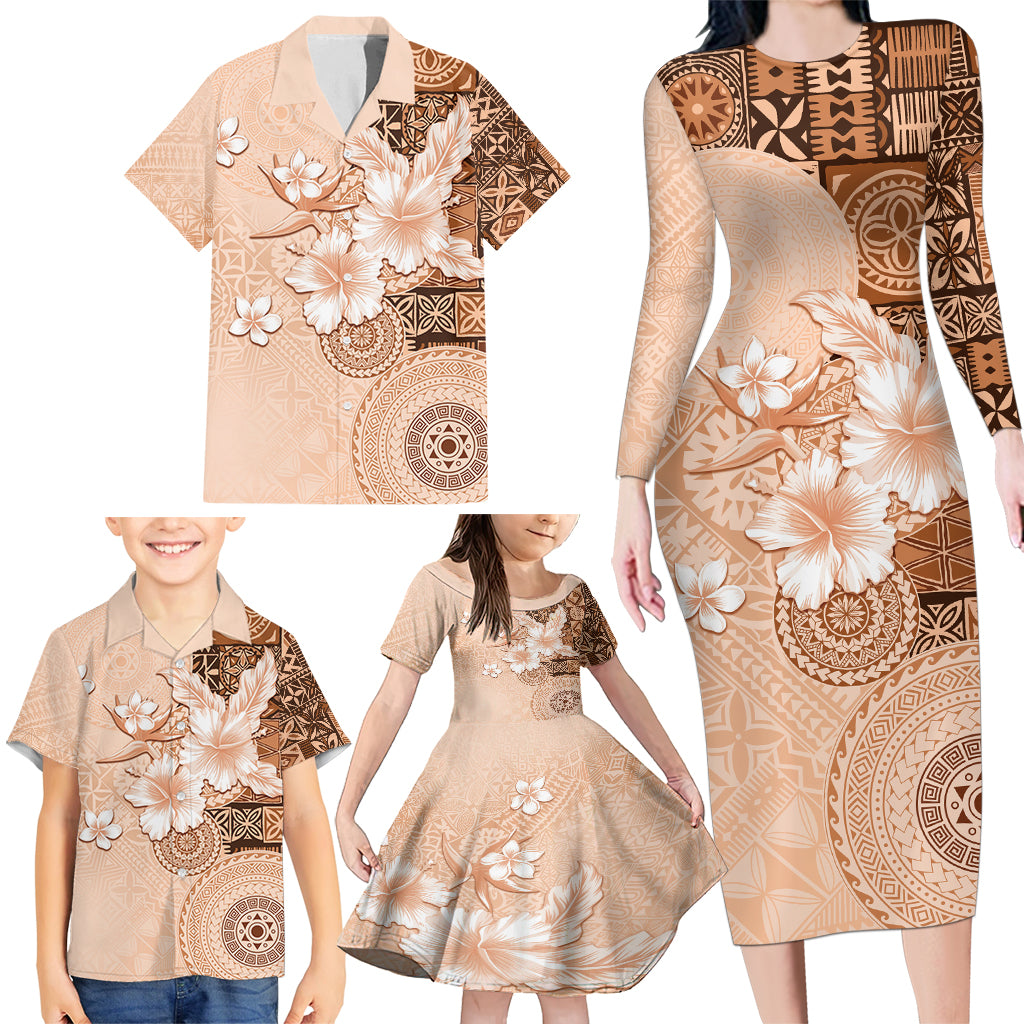 Hawaii Tapa Pattern With Brown Hibiscus Family Matching Long Sleeve Bodycon Dress and Hawaiian Shirt