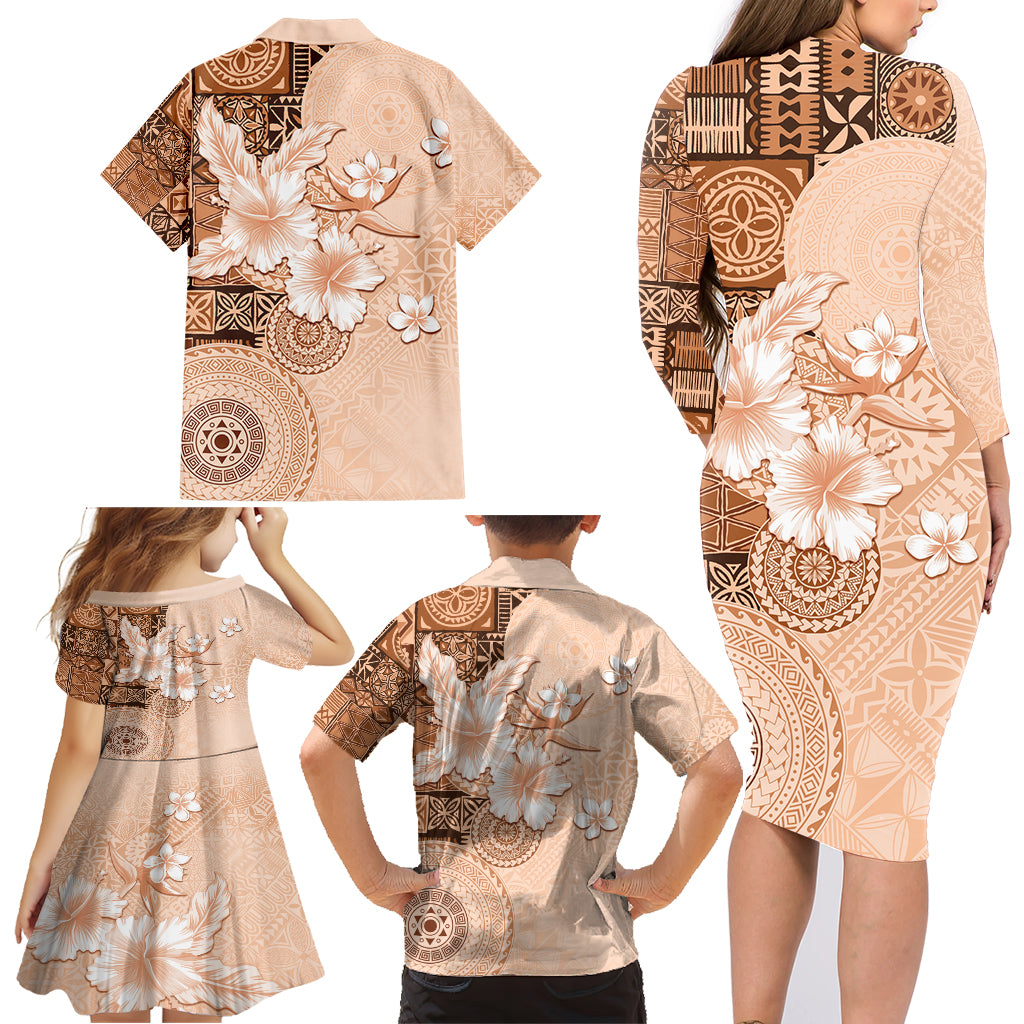 Hawaii Tapa Pattern With Brown Hibiscus Family Matching Long Sleeve Bodycon Dress and Hawaiian Shirt LT05 - Polynesian Pride