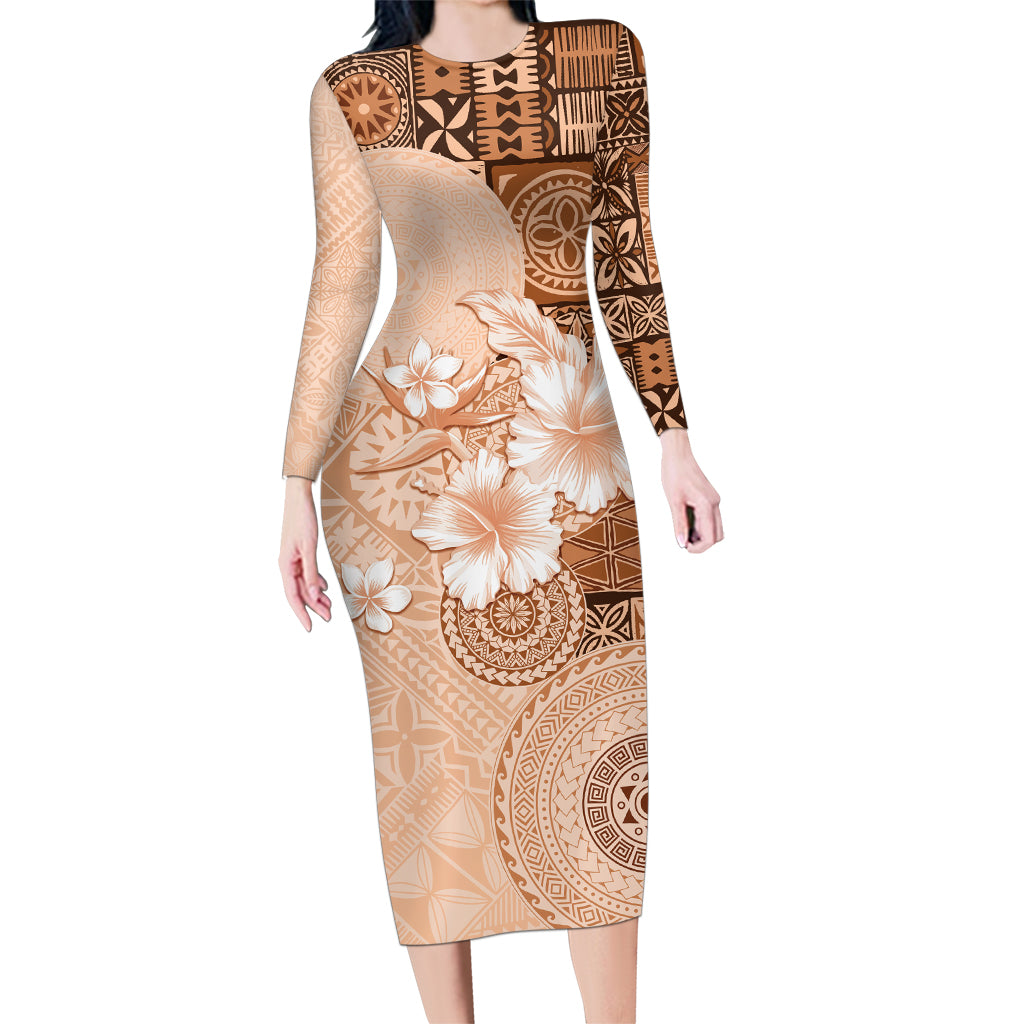 Hawaii Tapa Pattern With Brown Hibiscus Family Matching Long Sleeve Bodycon Dress and Hawaiian Shirt LT05 Mom's Dress Brown - Polynesian Pride