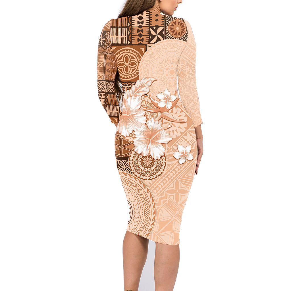 Hawaii Tapa Pattern With Brown Hibiscus Family Matching Long Sleeve Bodycon Dress and Hawaiian Shirt LT05 - Polynesian Pride