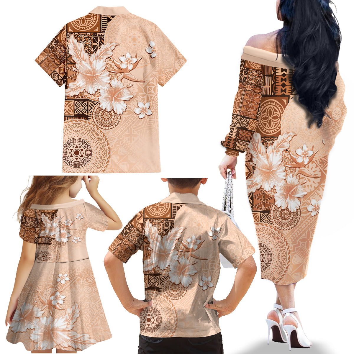 Hawaii Tapa Pattern With Brown Hibiscus Family Matching Off The Shoulder Long Sleeve Dress and Hawaiian Shirt LT05 - Polynesian Pride