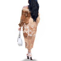 Hawaii Tapa Pattern With Brown Hibiscus Family Matching Off The Shoulder Long Sleeve Dress and Hawaiian Shirt LT05 - Polynesian Pride