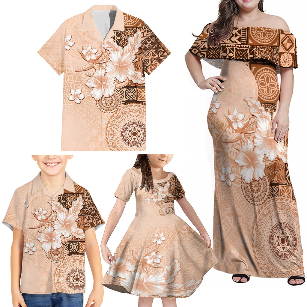 Hawaii Tapa Pattern With Brown Hibiscus Family Matching Off Shoulder Maxi Dress and Hawaiian Shirt LT05 - Polynesian Pride