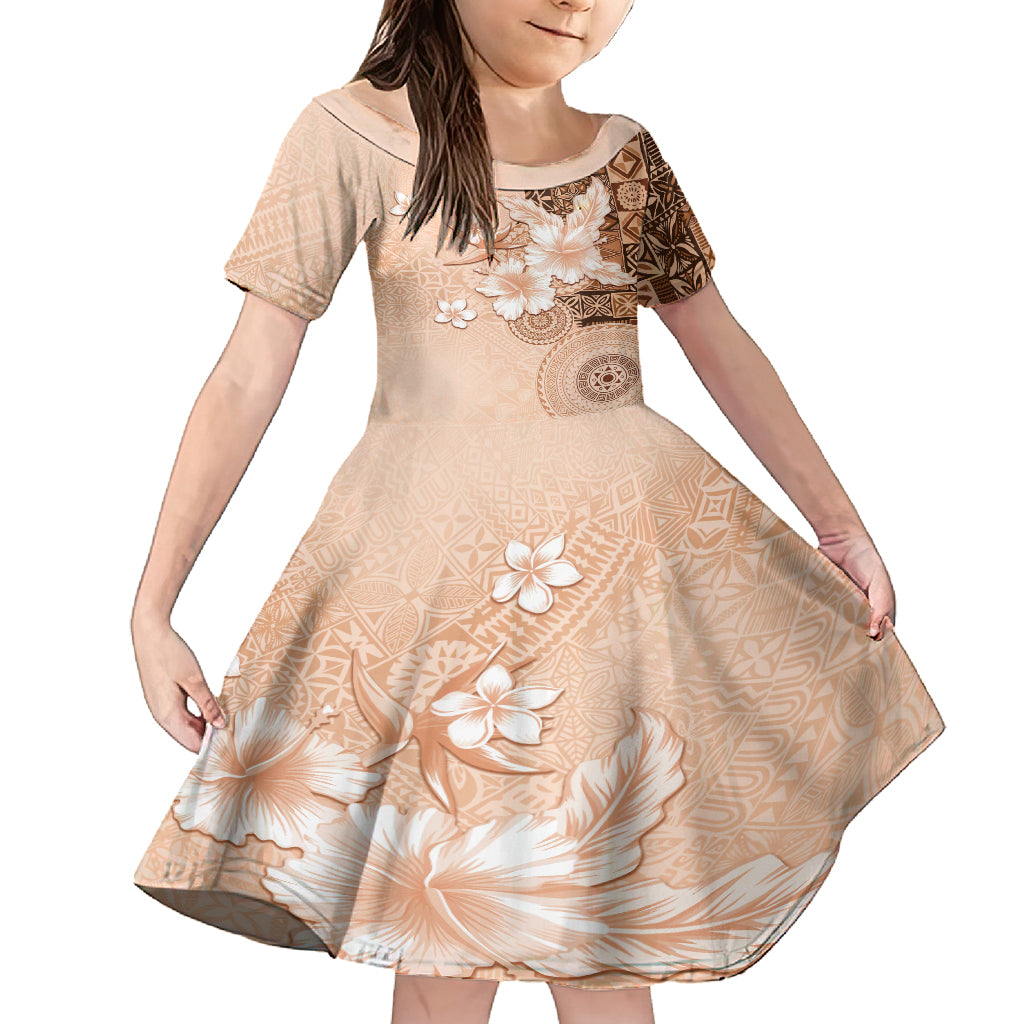 Hawaii Tapa Pattern With Brown Hibiscus Family Matching Off Shoulder Short Dress and Hawaiian Shirt LT05 Daughter's Dress Brown - Polynesian Pride