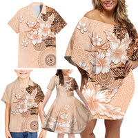 Hawaii Tapa Pattern With Brown Hibiscus Family Matching Off Shoulder Short Dress and Hawaiian Shirt LT05 - Polynesian Pride
