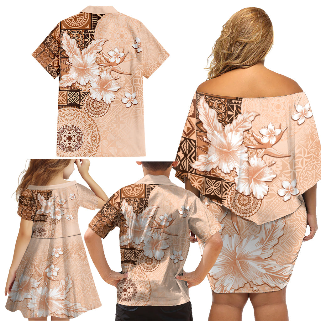 Hawaii Tapa Pattern With Brown Hibiscus Family Matching Off Shoulder Short Dress and Hawaiian Shirt LT05 - Polynesian Pride