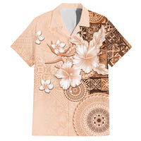 Hawaii Tapa Pattern With Brown Hibiscus Family Matching Off Shoulder Short Dress and Hawaiian Shirt LT05 Dad's Shirt - Short Sleeve Brown - Polynesian Pride