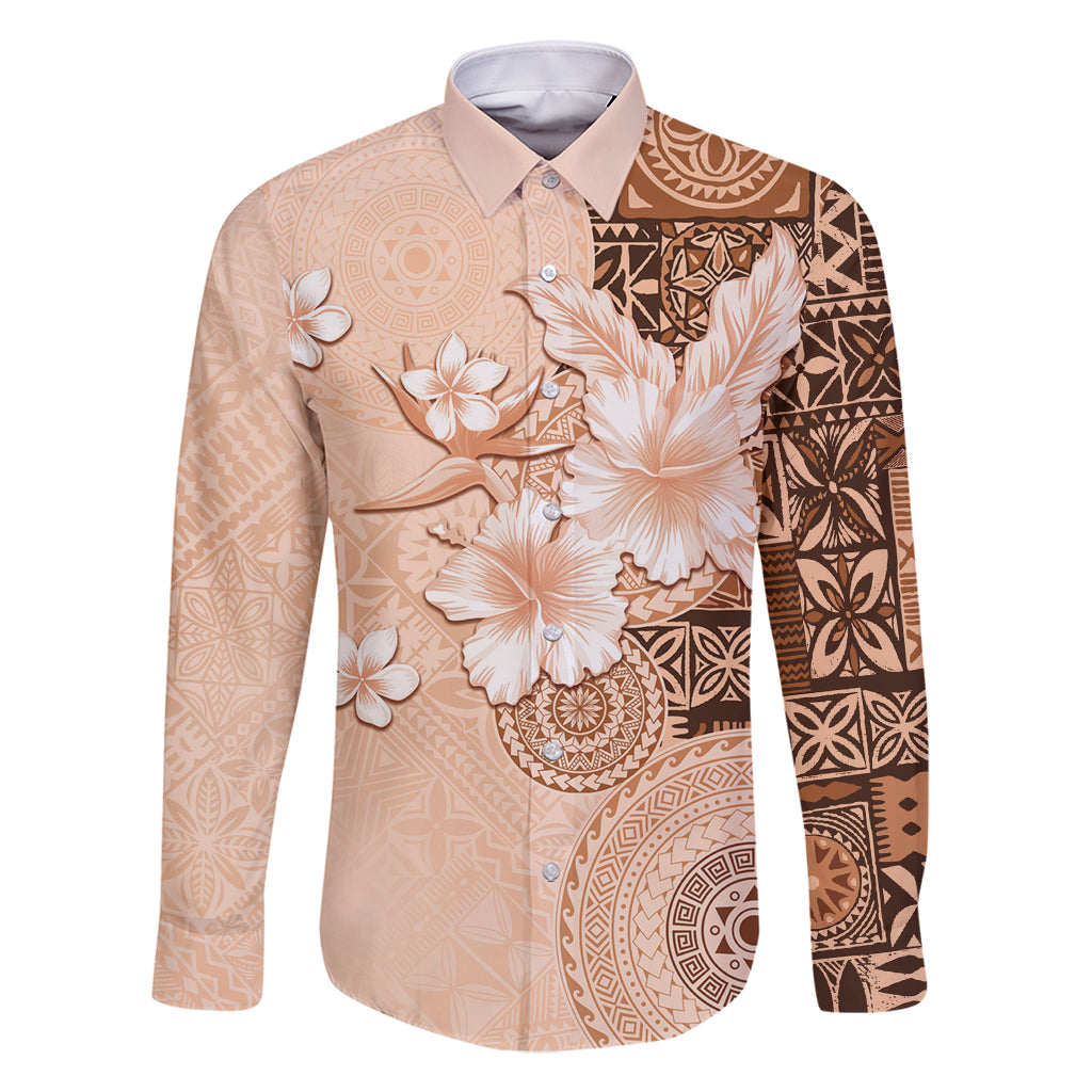 Hawaii Tapa Pattern With Brown Hibiscus Family Matching Off Shoulder Short Dress and Hawaiian Shirt LT05 Dad's Shirt - Long Sleeve Brown - Polynesian Pride