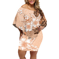 Hawaii Tapa Pattern With Brown Hibiscus Family Matching Off Shoulder Short Dress and Hawaiian Shirt LT05 Mom's Dress Brown - Polynesian Pride