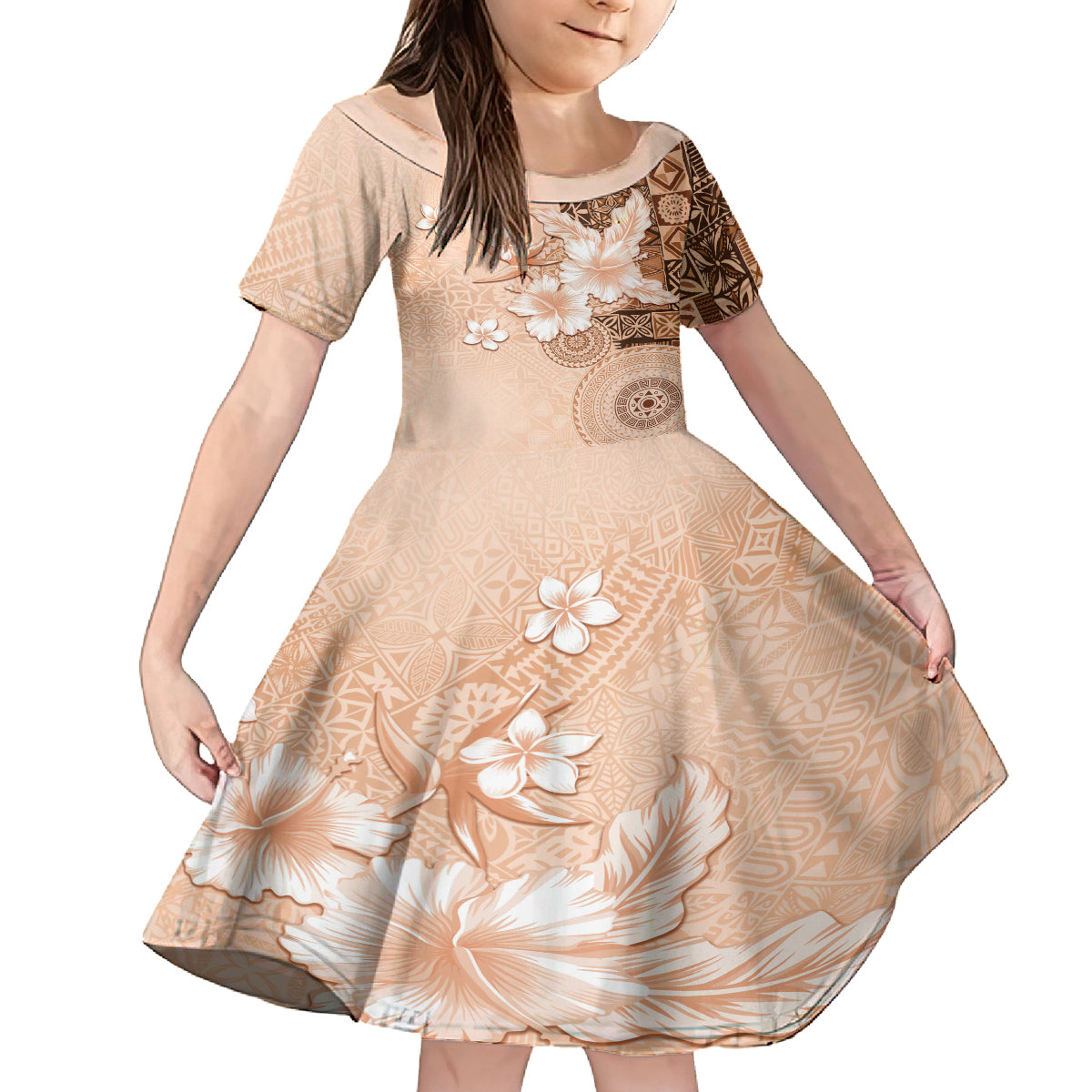 Hawaii Tapa Pattern With Brown Hibiscus Family Matching Puletasi and Hawaiian Shirt LT05 Daughter's Dress Brown - Polynesian Pride