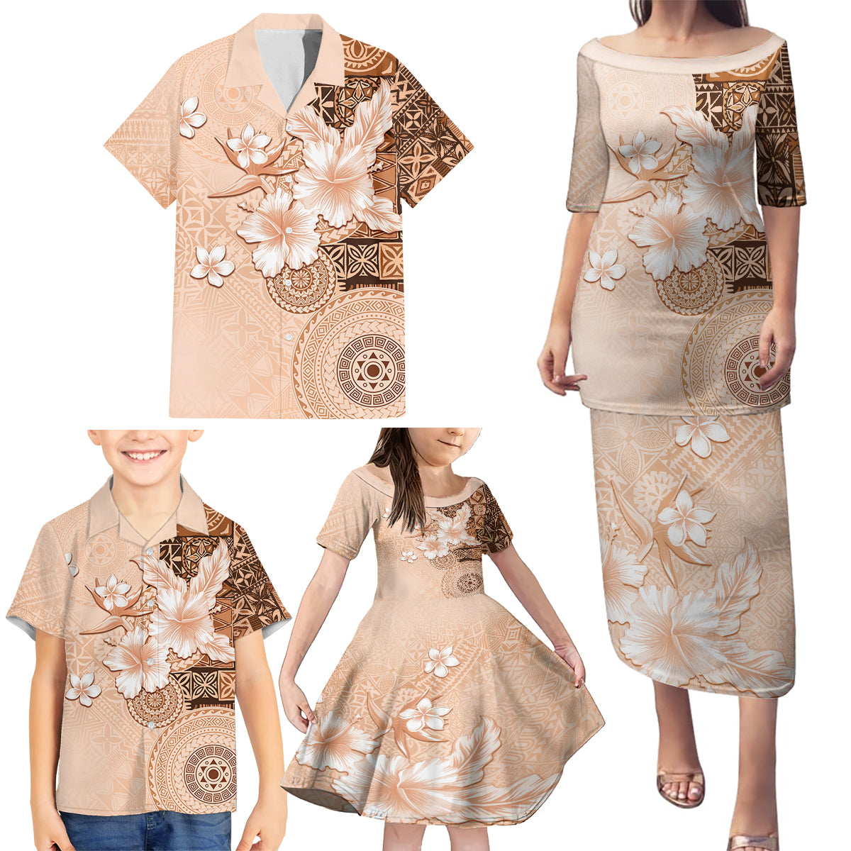 Hawaii Tapa Pattern With Brown Hibiscus Family Matching Puletasi and Hawaiian Shirt LT05 - Polynesian Pride