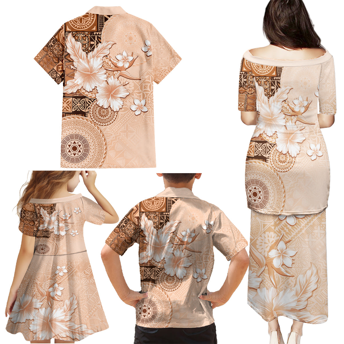 Hawaii Tapa Pattern With Brown Hibiscus Family Matching Puletasi and Hawaiian Shirt LT05 - Polynesian Pride