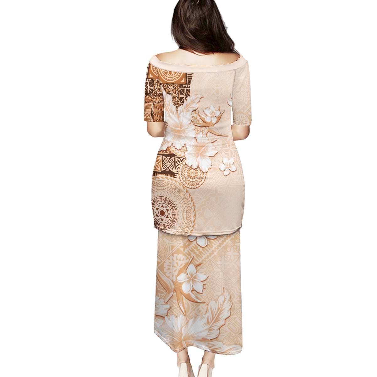 Hawaii Tapa Pattern With Brown Hibiscus Family Matching Puletasi and Hawaiian Shirt LT05 - Polynesian Pride