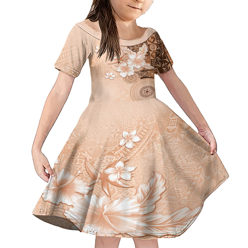 Hawaii Tapa Pattern With Brown Hibiscus Family Matching Short Sleeve Bodycon Dress and Hawaiian Shirt LT05 Daughter's Dress Brown - Polynesian Pride