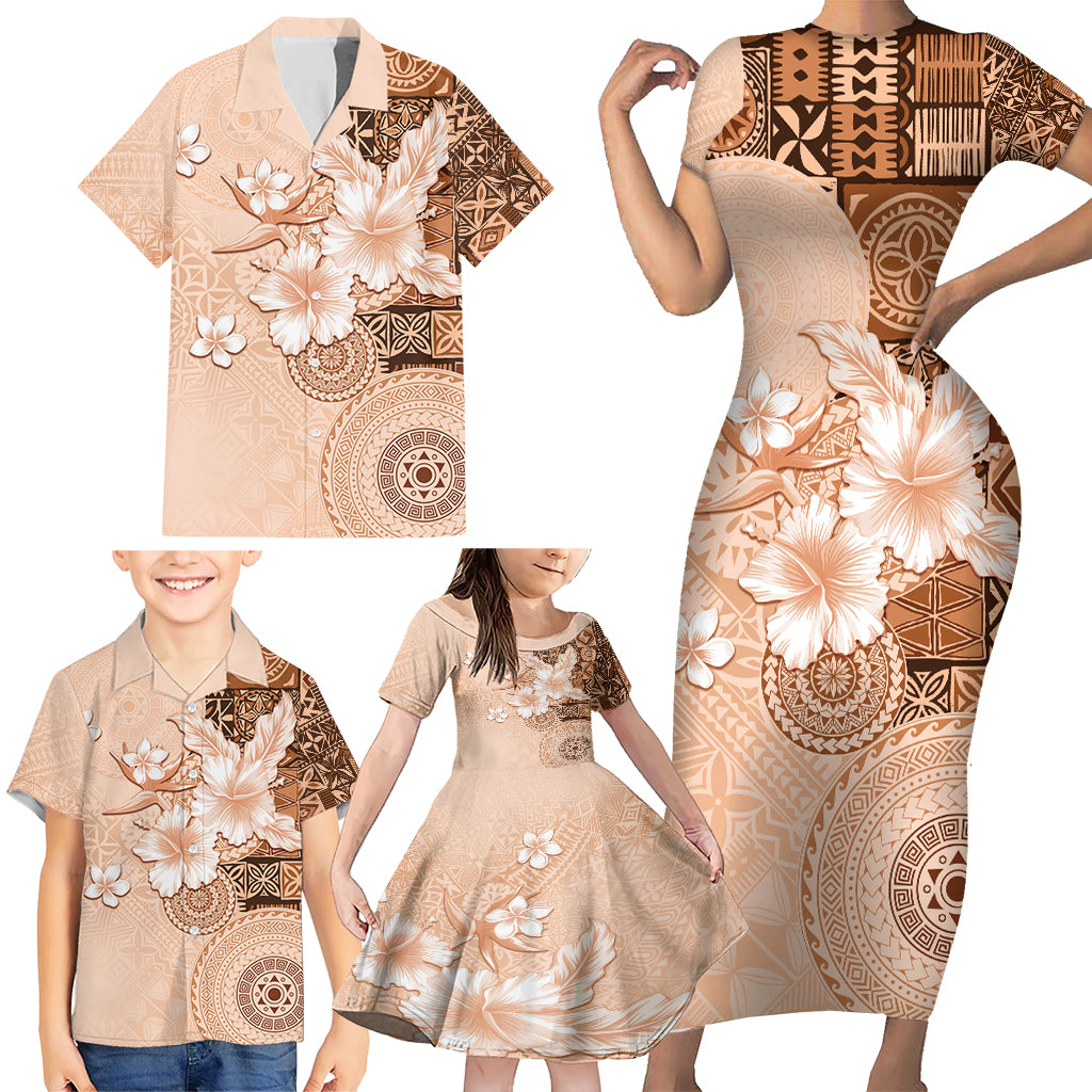 Hawaii Tapa Pattern With Brown Hibiscus Family Matching Short Sleeve Bodycon Dress and Hawaiian Shirt